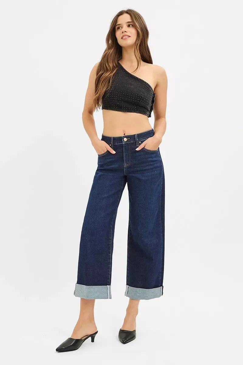 Mid Rise Ankle Wide Leg Roll Up Denim Jeans - Southern Shores Clothing