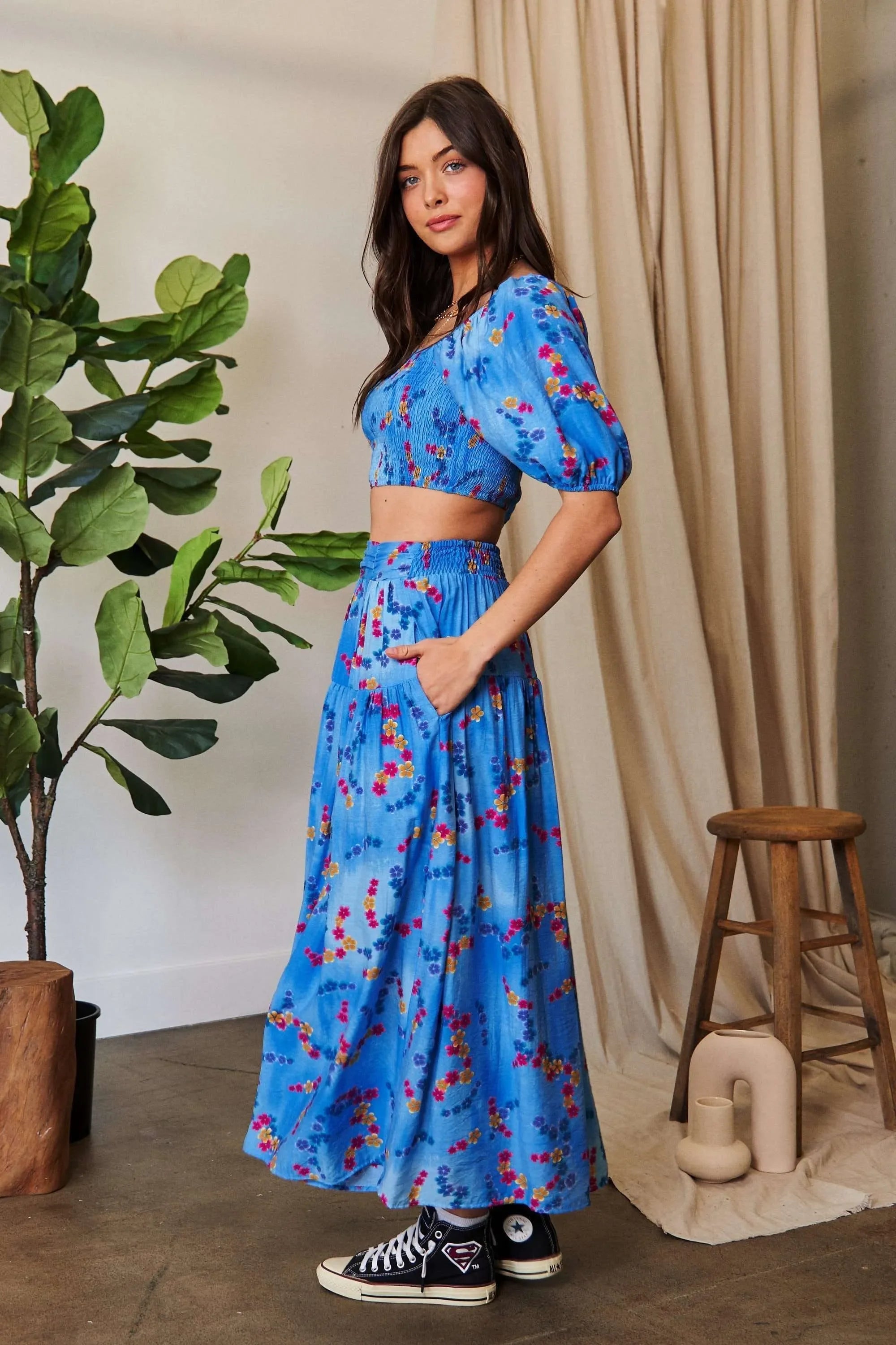 Printed Ruffled Smocking Waistband Maxi Skirt - Southern Shores Clothing
