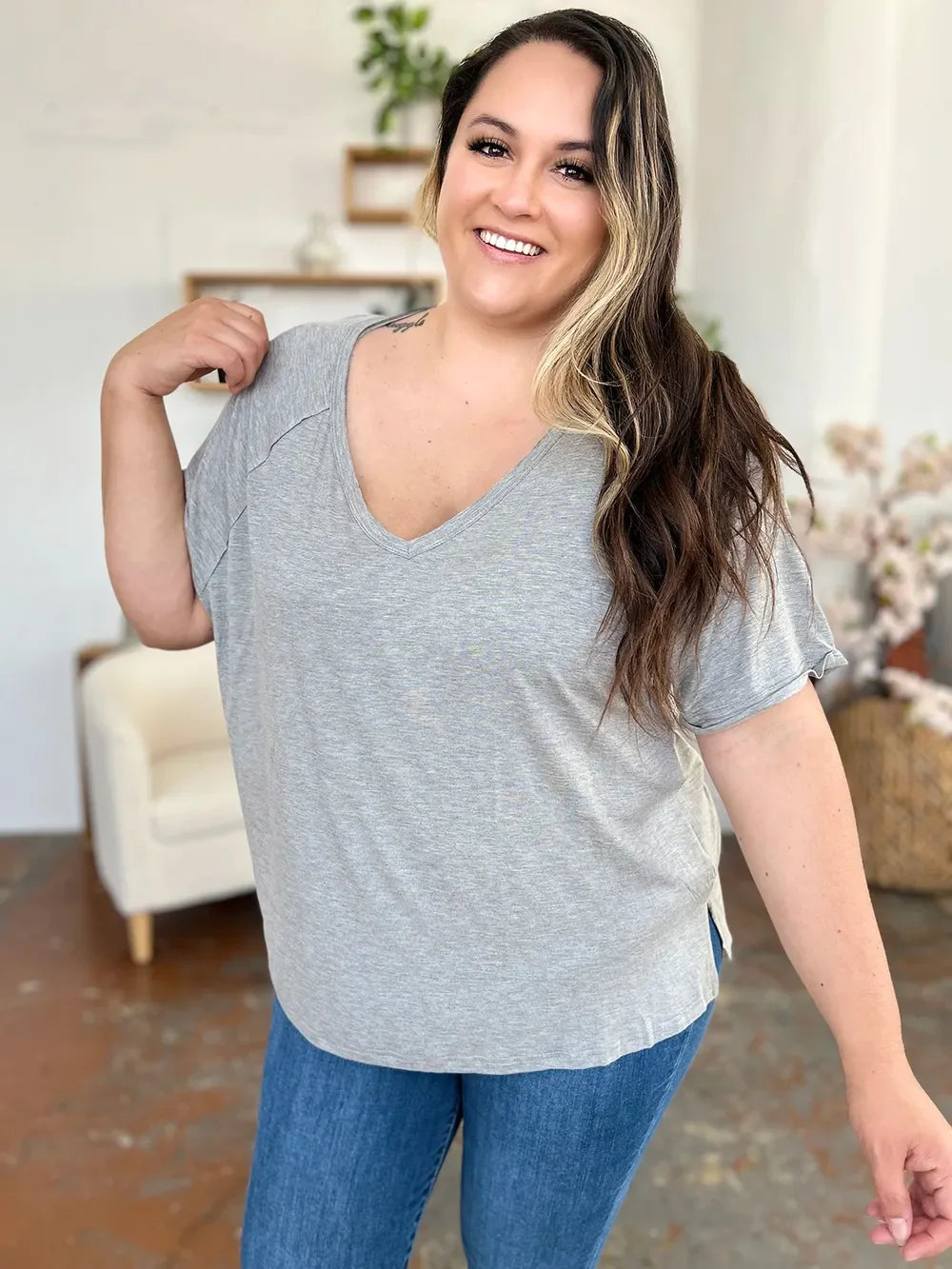 Basic Bae Full Size Bamboo Slit V-Neck Short Sleeve T-Shirt - Southern Shores Clothing