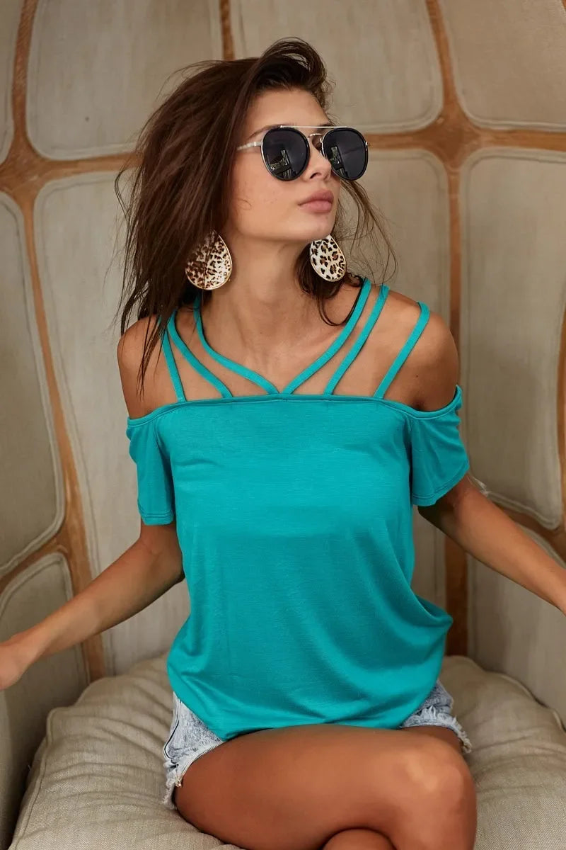 Lace Up Shoulder Detailed Stretchy T Shirt Top - Southern Shores Clothing