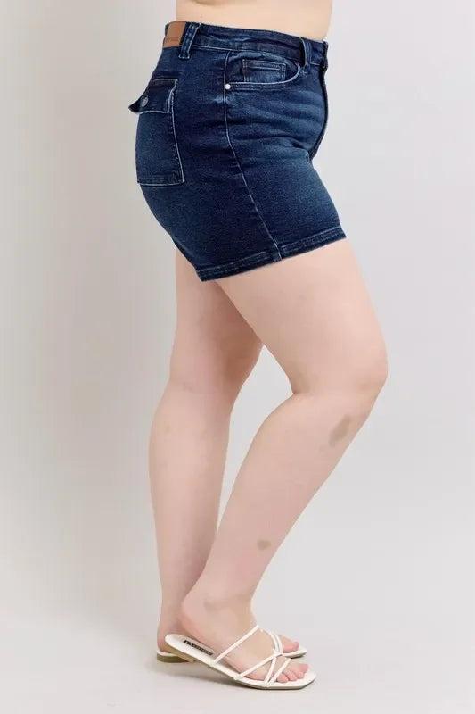 High Waist Denim Shorts With Back Flap Pocket Plus Size - Southern Shores Clothing