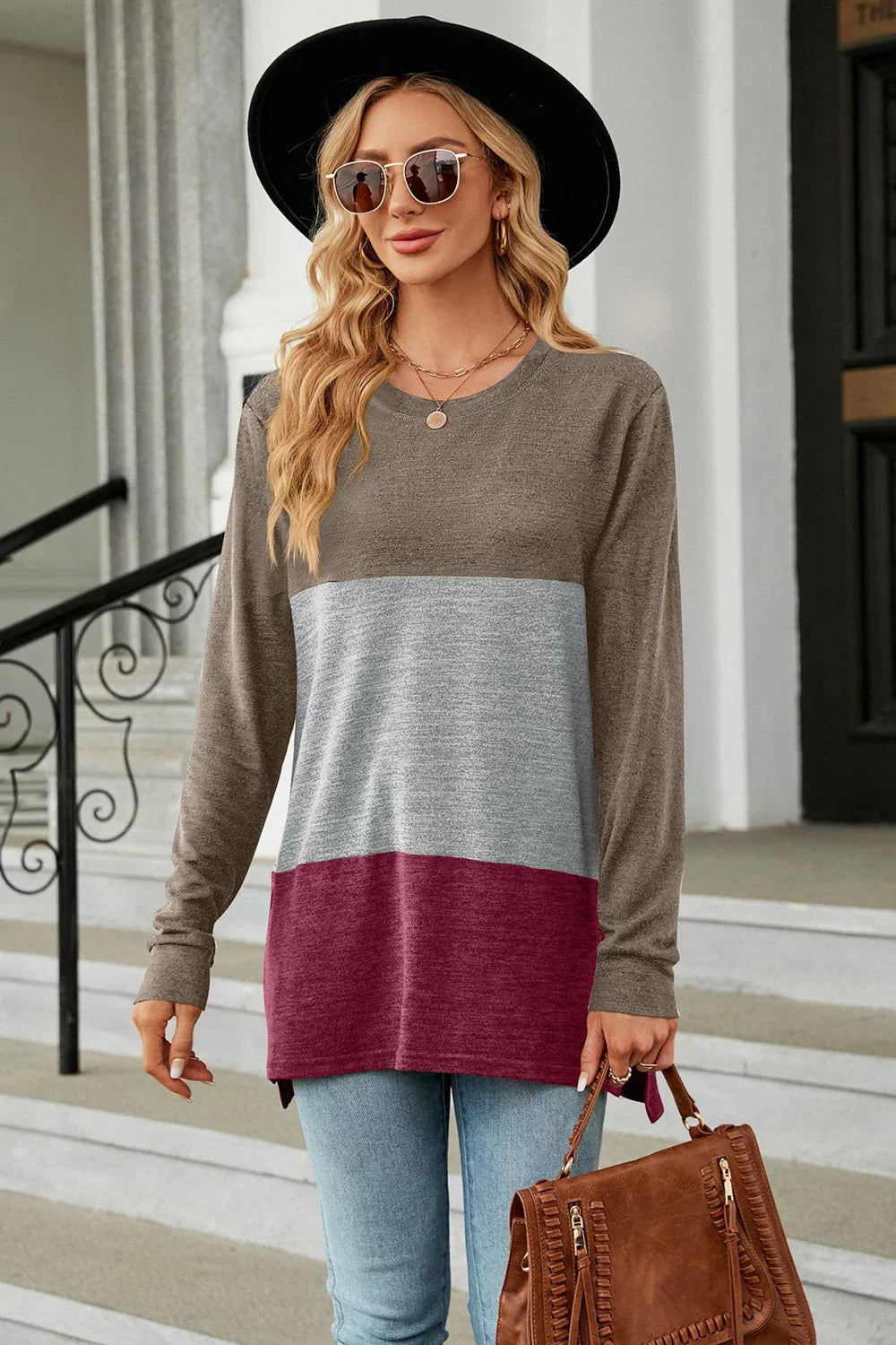 Block Pattern Round Neck Long Sleeve Slit T Shirt - Southern Shores Clothing