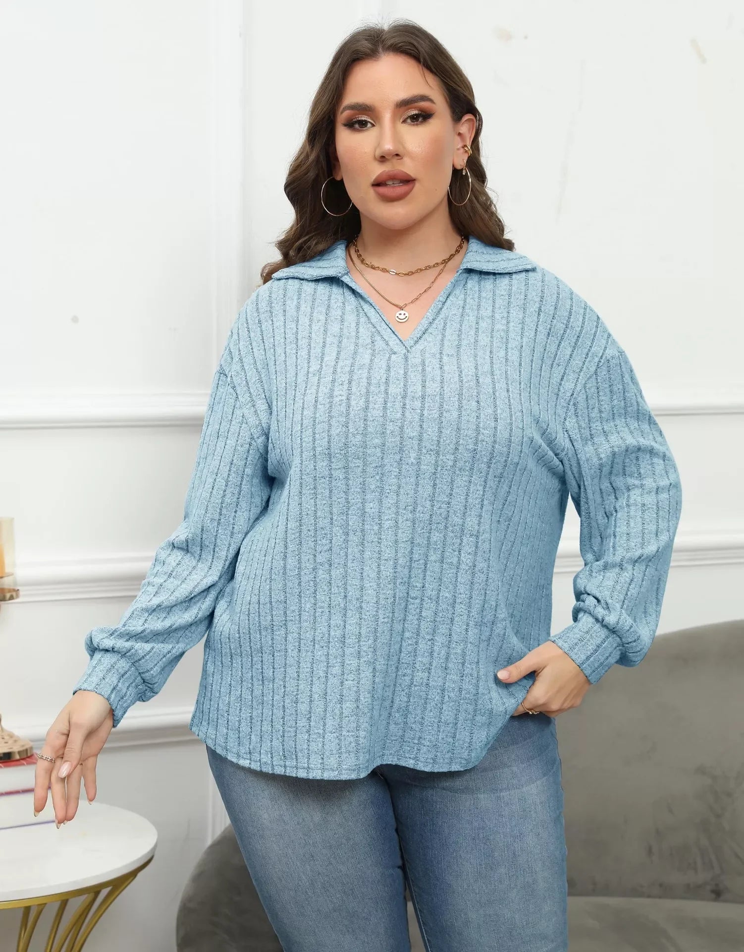 Plus Size Ribbed Knit Polo Collar T Shirt - Southern Shores Clothing