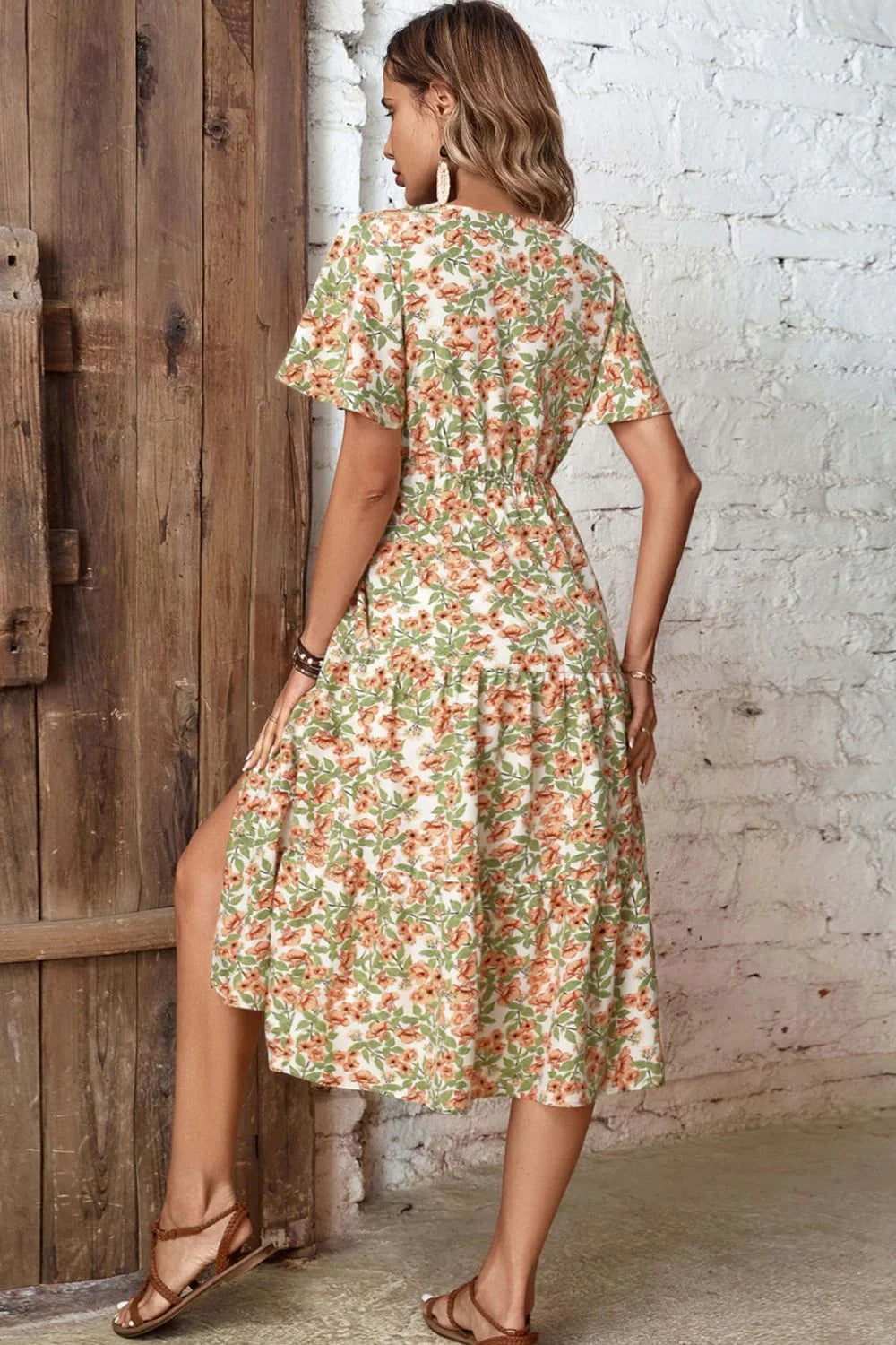 Perfee Floral V-Neck Front Slit Dress - Southern Shores Clothing