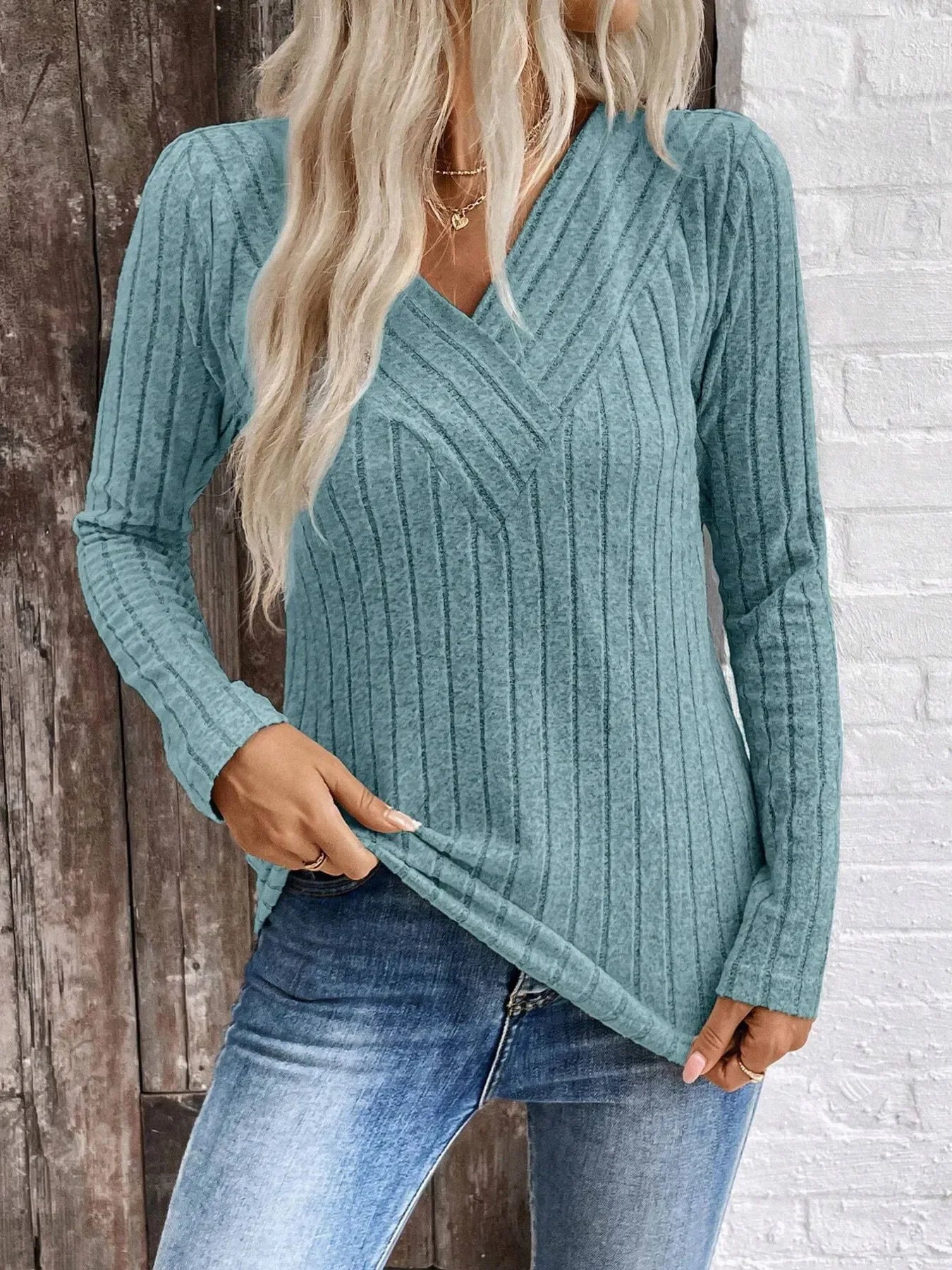 Ribbed V-Neck Long Sleeve Knit T-Shirt - Southern Shores Clothing