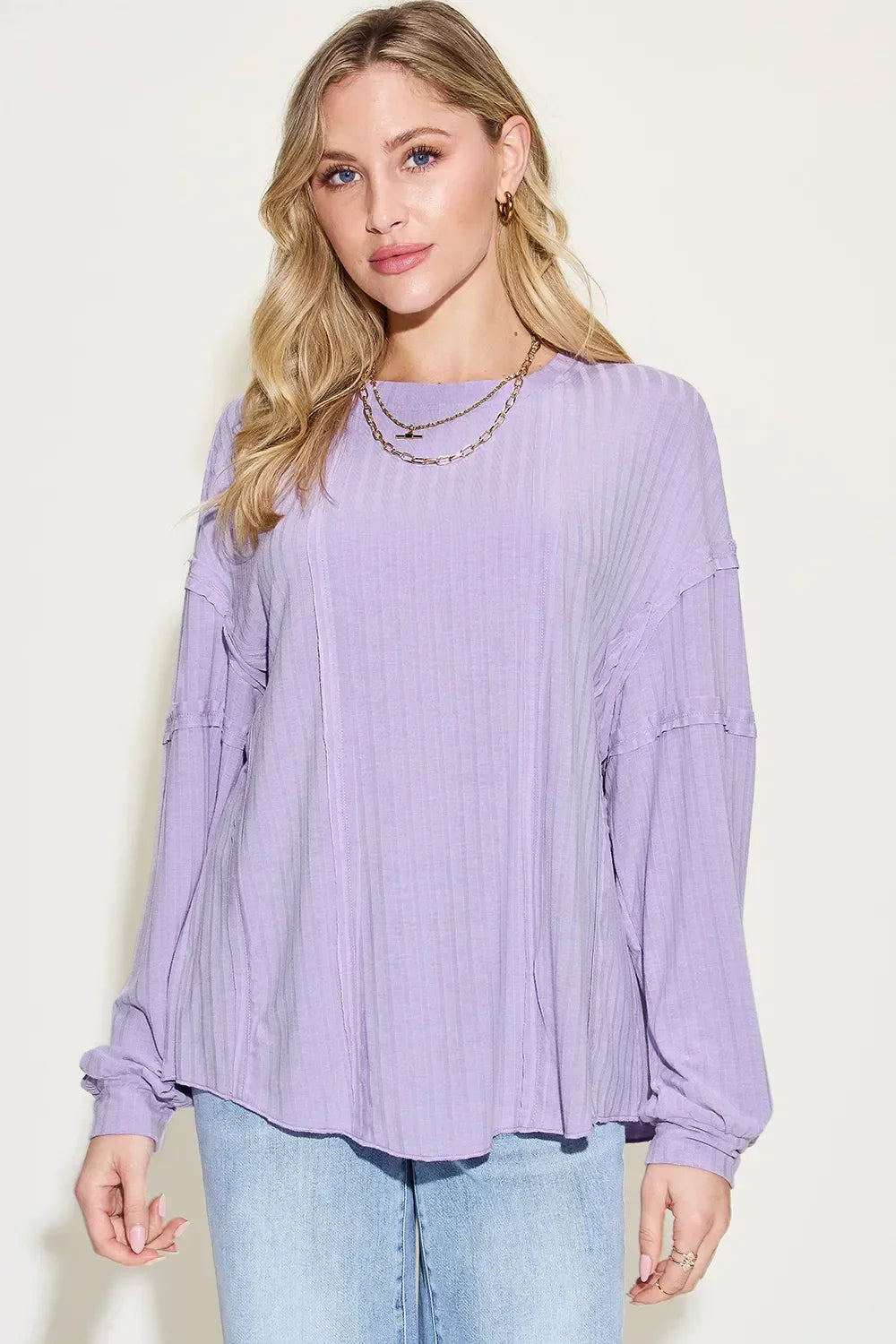 Ribbed Round Neck Long Sleeve T Shirt Basics - Southern Shores Clothing