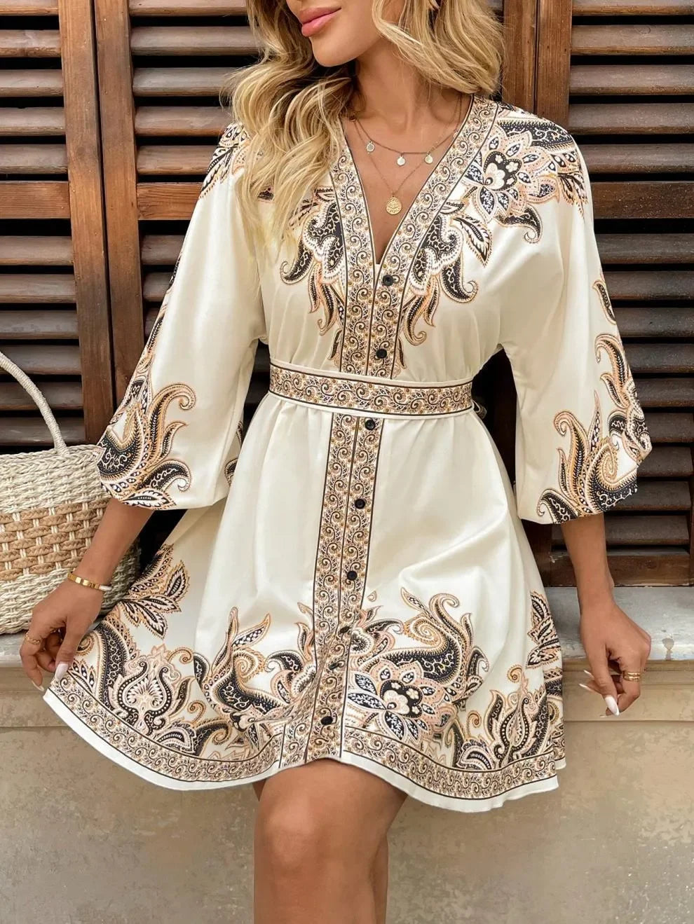 Paisley Print V Neck Mini Dress Tie Belt Three Quarter Sleeve - Southern Shores Clothing