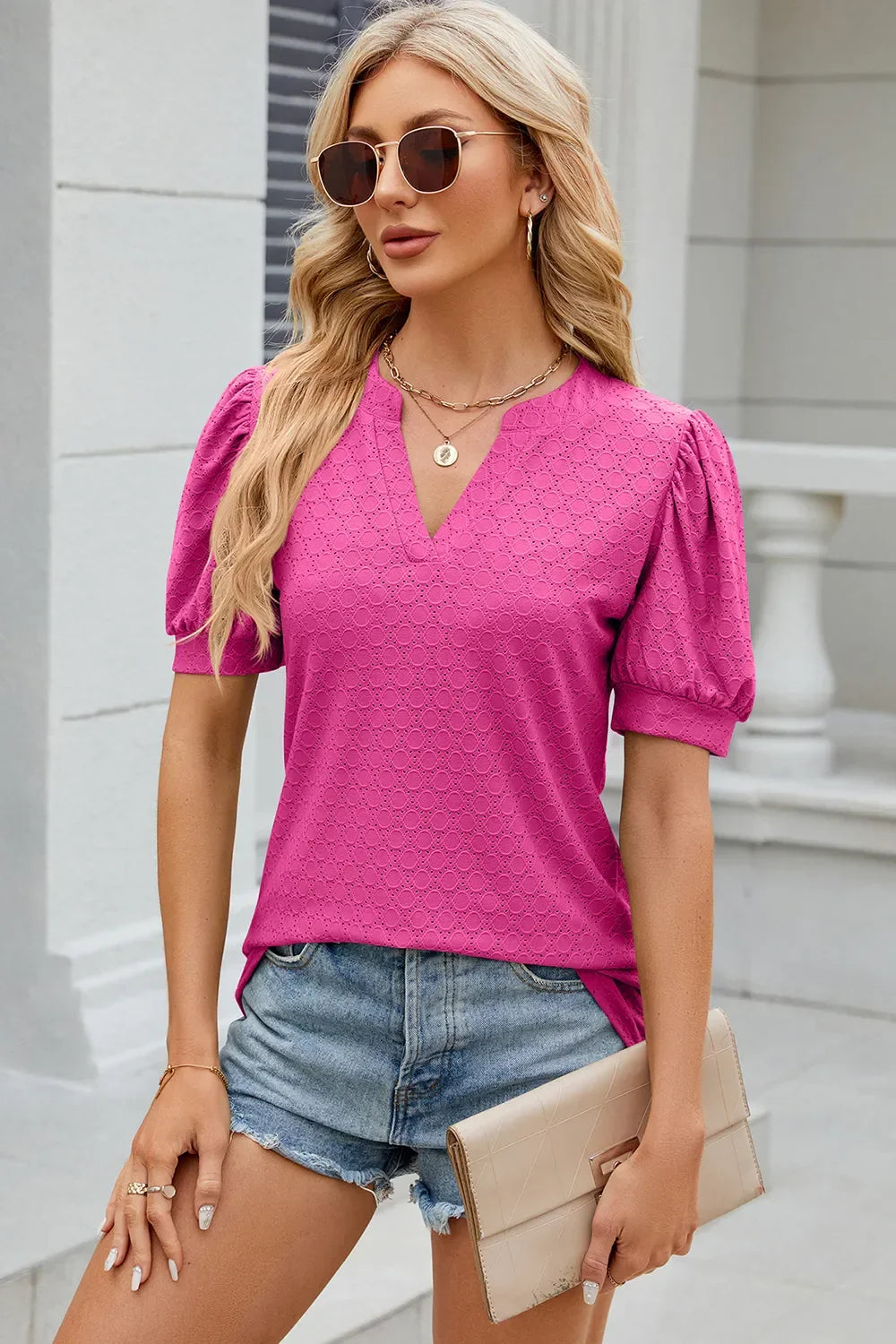 Eyelet Notched Puff Sleeve T-Shirt - Southern Shores Clothing