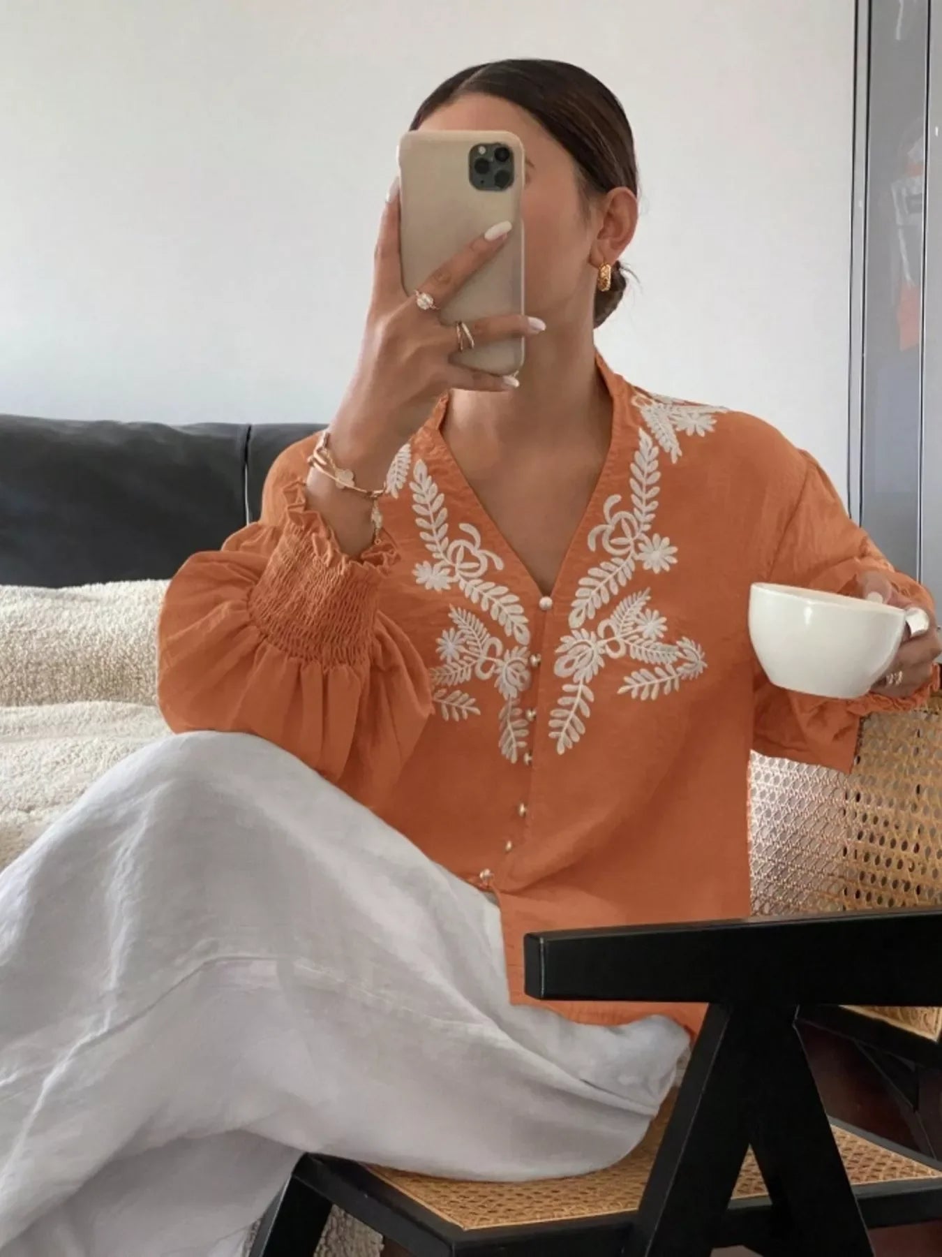 Southern Shores Elegant Embroidered Long Sleeve Buttoned Polyester Blouse With Je T'aime Design - Southern Shores Clothing