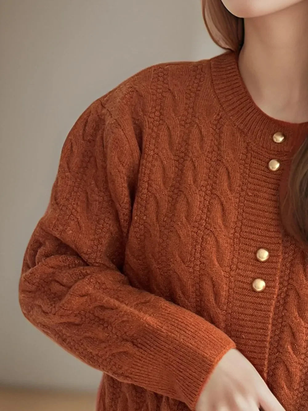 Cable-Knit Round-Neck Long Sleeve Cardigan Buttoned - Southern Shores Clothing