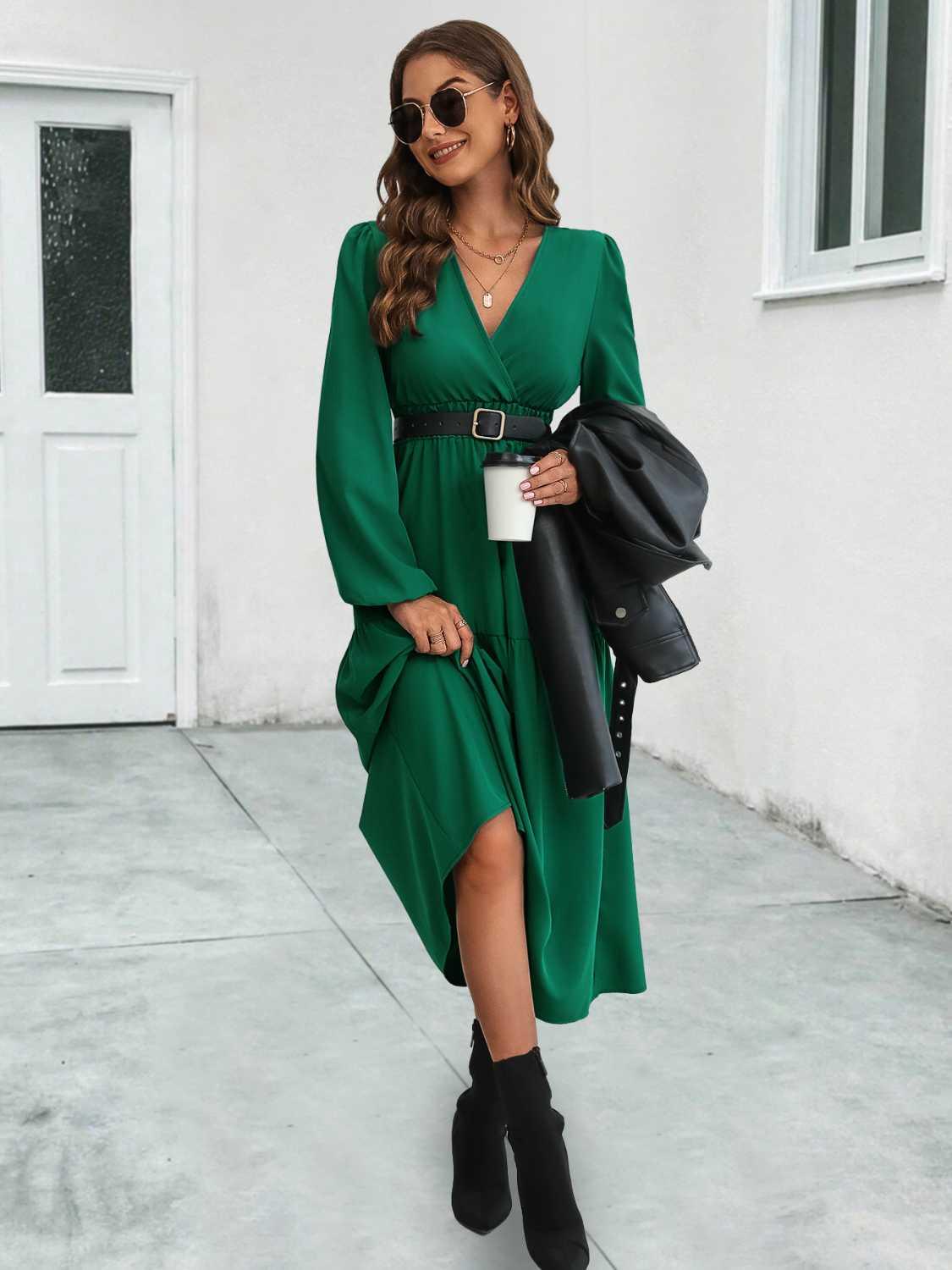 Surplice Neck Long Sleeve Midi Dress Coastal Casual - Southern Shores Clothing
