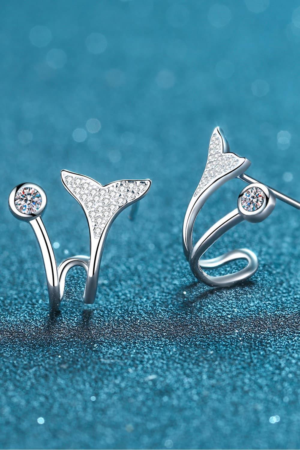 Minimalist Moissanite Fishtail Earrings Rhodium Plated