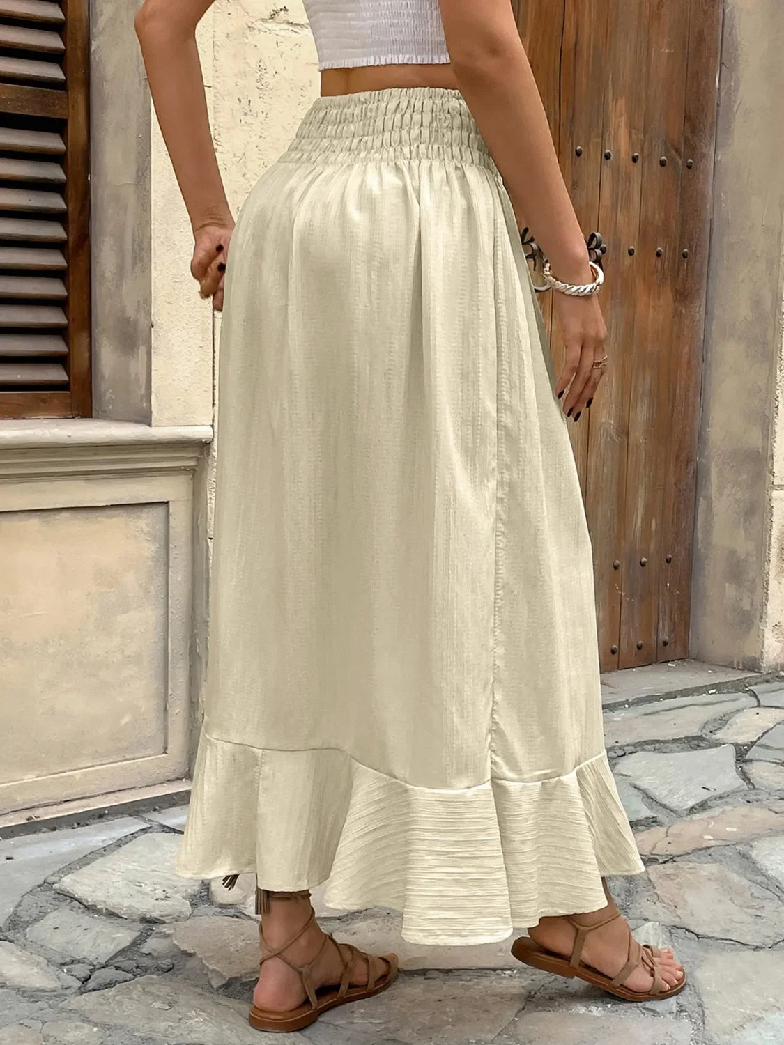 Ruffled Hem Slit Skirt With Lace And Adjustable Waist - Southern Shores Clothing