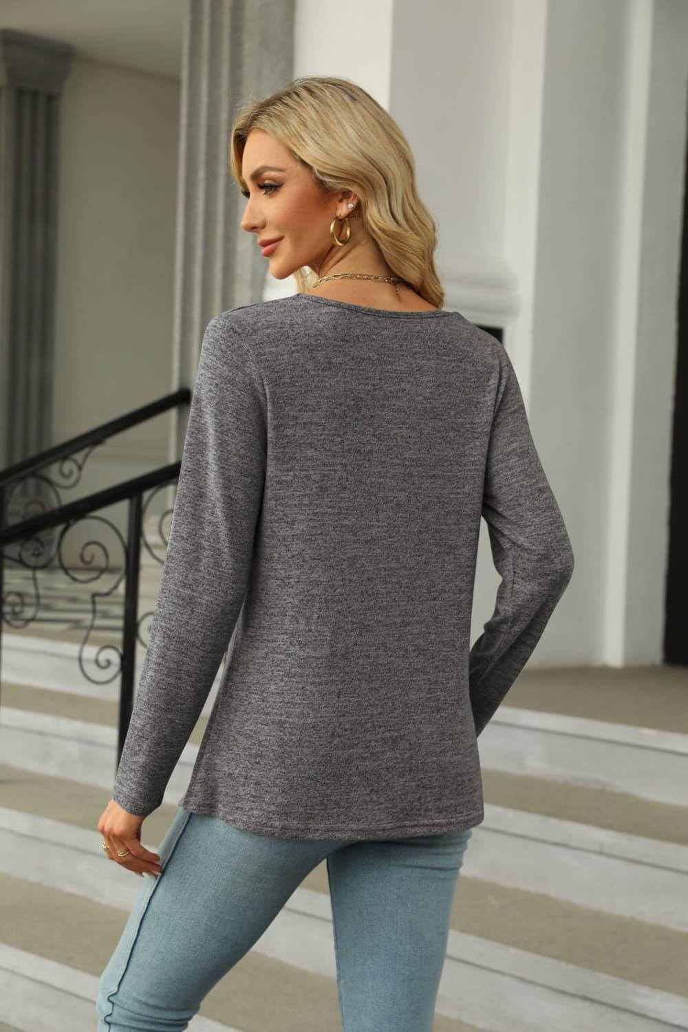 Square Neck Long Sleeve Slit Stretchy T Shirt - Southern Shores Clothing