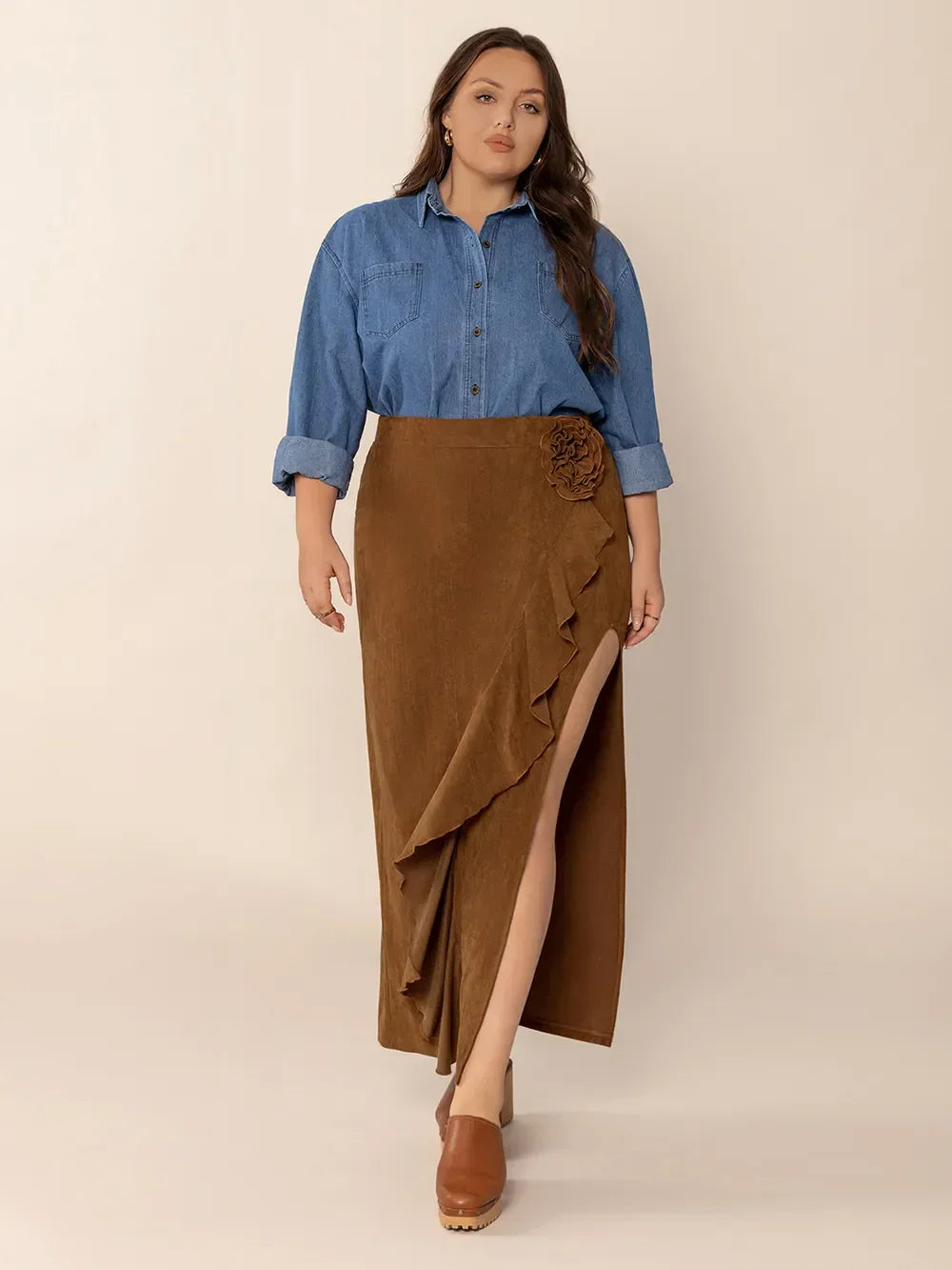 Plus Size Ruffled Slit High Rise Skirt Silhouette - Southern Shores Clothing
