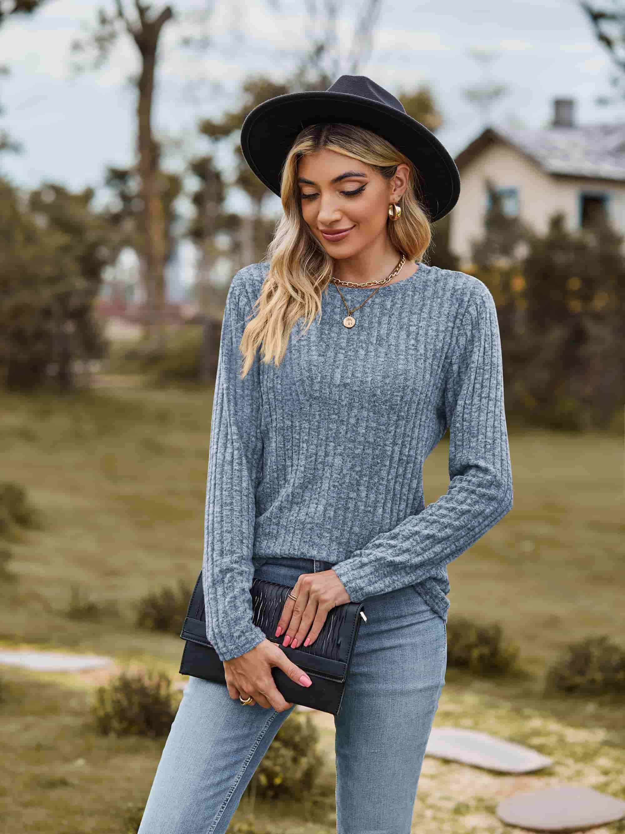 Ribbed Round Neck Long Sleeve Tee For Everyday Wear - Southern Shores Clothing