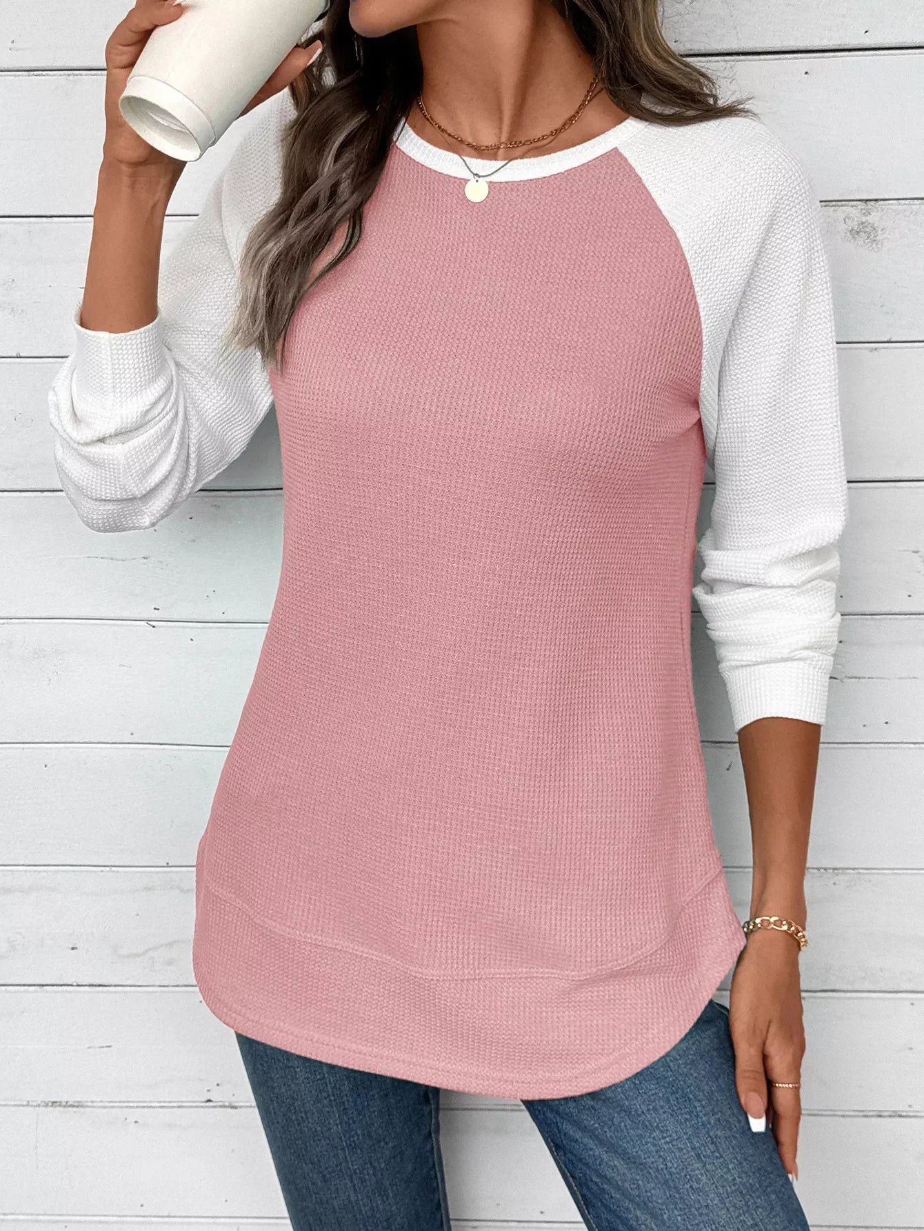 Contrast Raglan Sleeves Waffle Knit T Shirt - Southern Shores Clothing