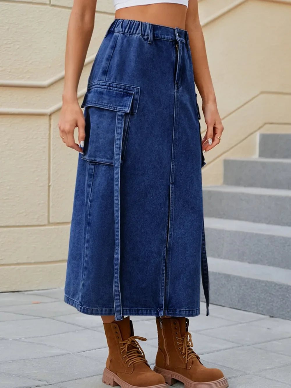 High Waist Denim Skirt With Slit And Pockets - Southern Shores Clothing