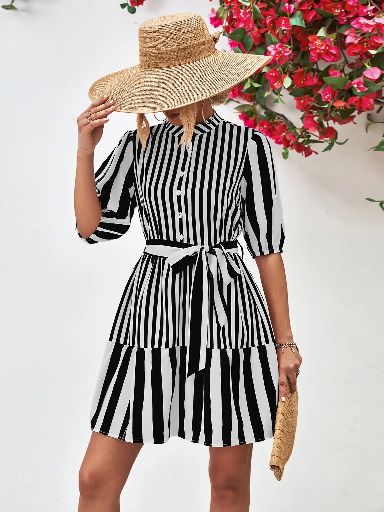 Striped Half Sleeve Tie Waist Mini Dress - Southern Shores Clothing