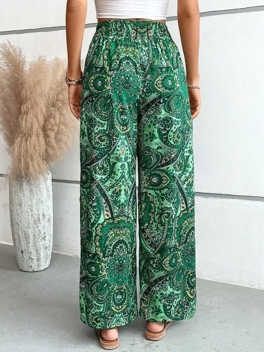 Printed Wide Leg Pants With Paisley Print Drawstring Waist - Southern Shores Clothing