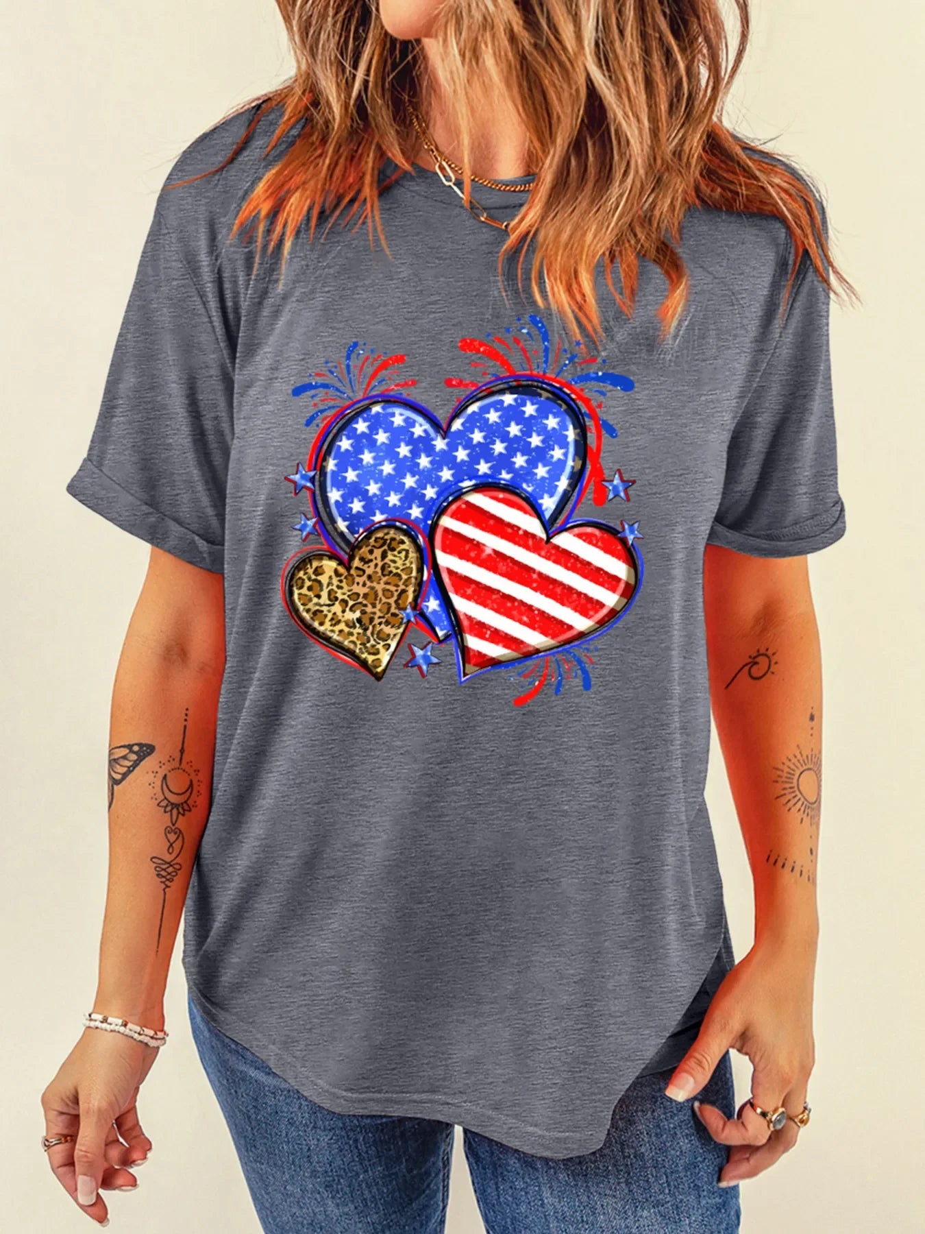 Heart Graphic Round Neck T Shirt Leopard Accent - Southern Shores Clothing