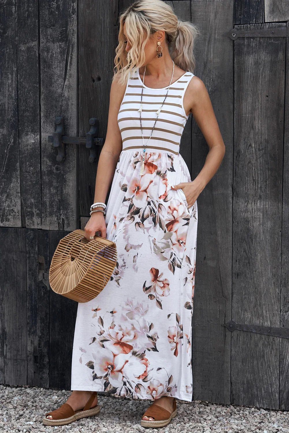 Striped Floral Round Neck Sleeveless Maxi Dress - Southern Shores Clothing