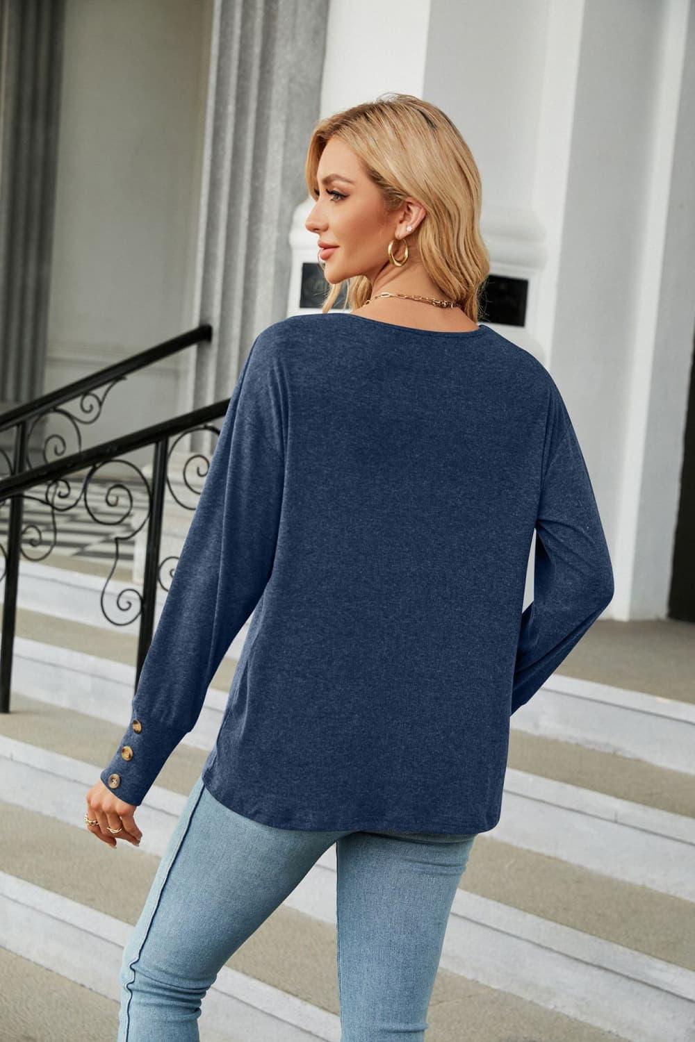 V-Neck Long Sleeve Tee With Button Detail - Southern Shores Clothing