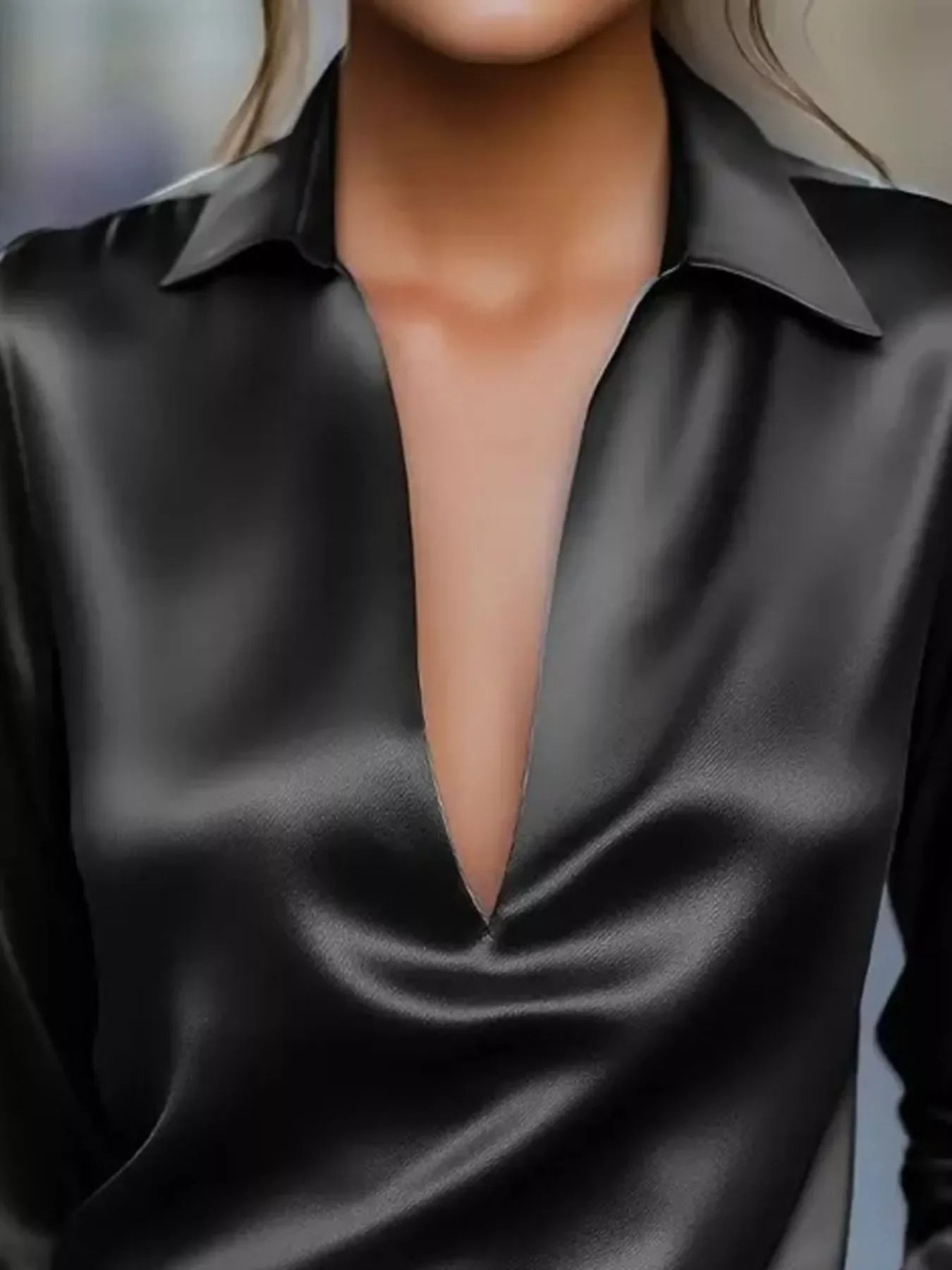Satin Johnny Collar Long Sleeve Blouse Relaxed Fit - Southern Shores Clothing