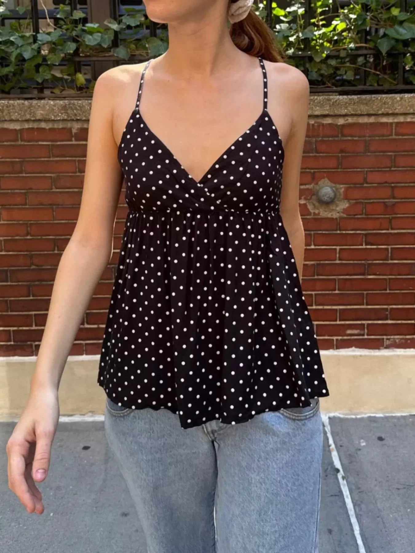 Flowy V Neck Polka Dot Camisole With Adjustable Spaghetti Straps - Southern Shores Clothing