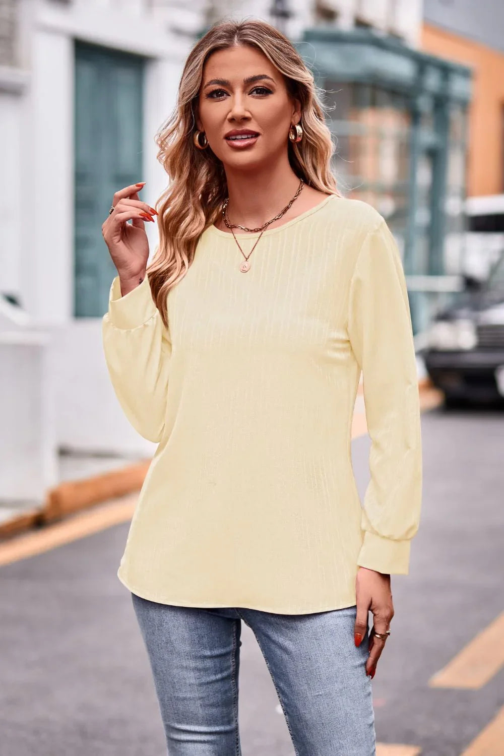Round Neck Long Sleeve Tee Solid Polyester Top - Southern Shores Clothing