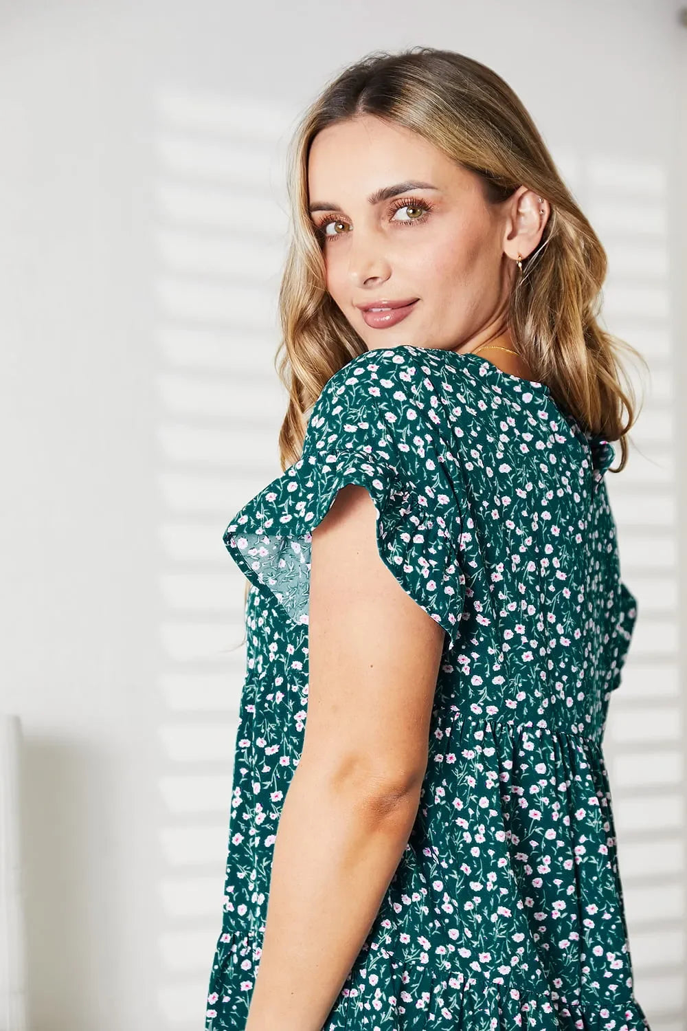 Short Flounce Sleeve Tiered Dress Boho Silhouette - Southern Shores Clothing