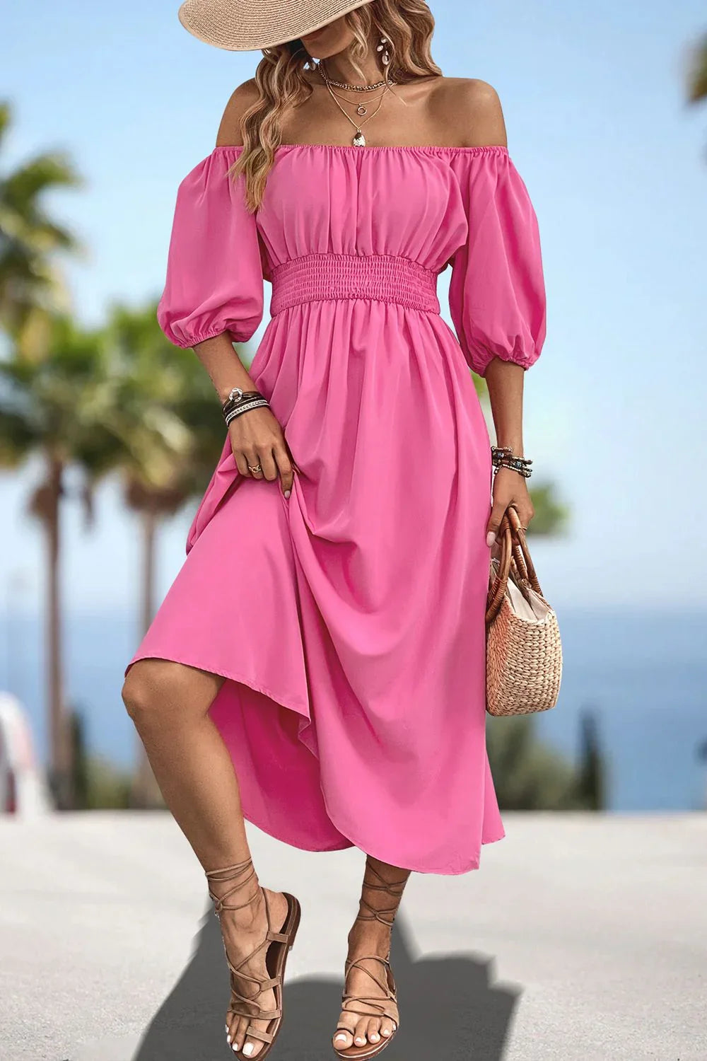 Square Neck Smocked Waist Puff Sleeve Midi Dress - Southern Shores Clothing
