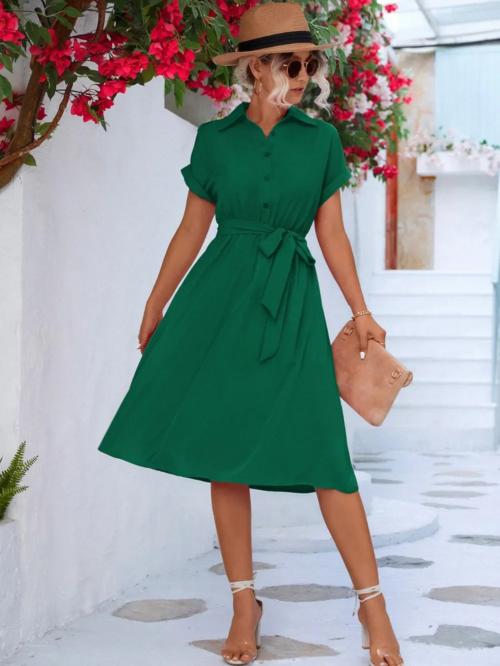 Buttoned Tie Waist Short Sleeve Dress - Southern Shores Clothing