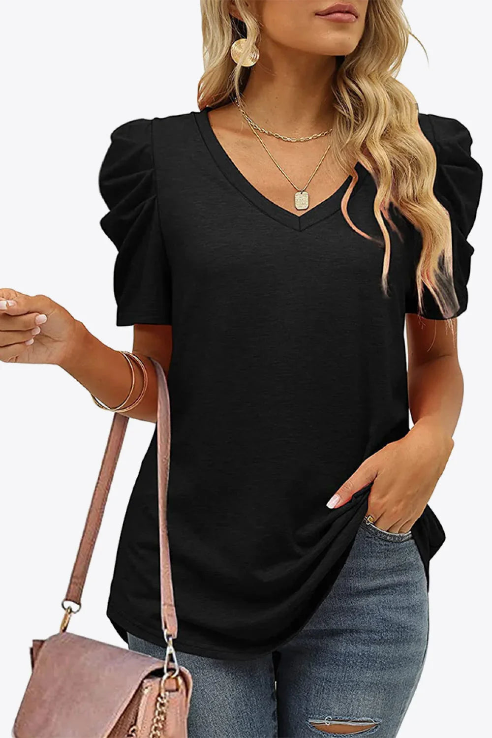 V-Neck Puff Sleeve Tee With Stretchy Fabric - Southern Shores Clothing