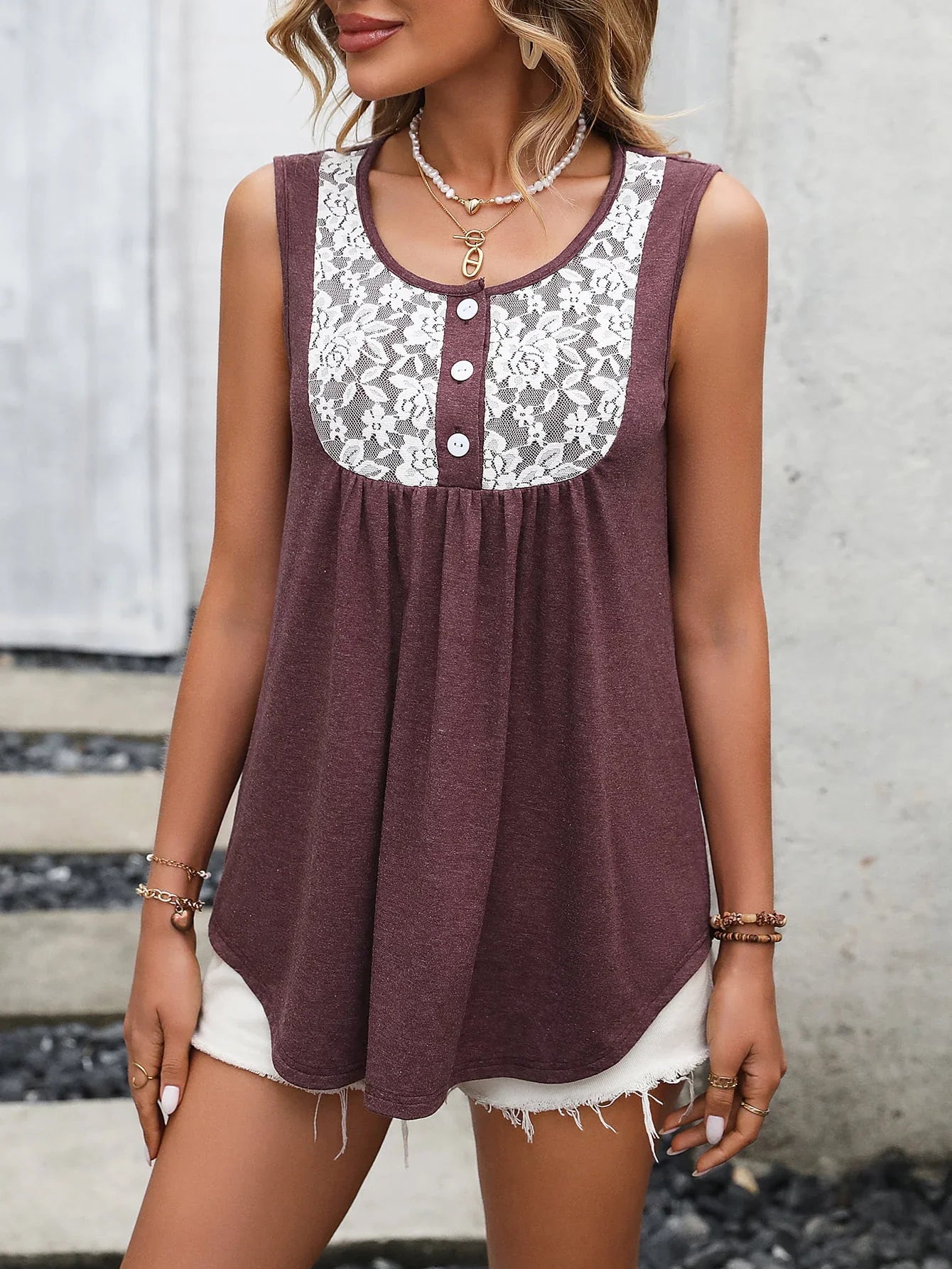 Lace Contrast Scoop Neck Sleeveless Stretch Tank - Southern Shores Clothing