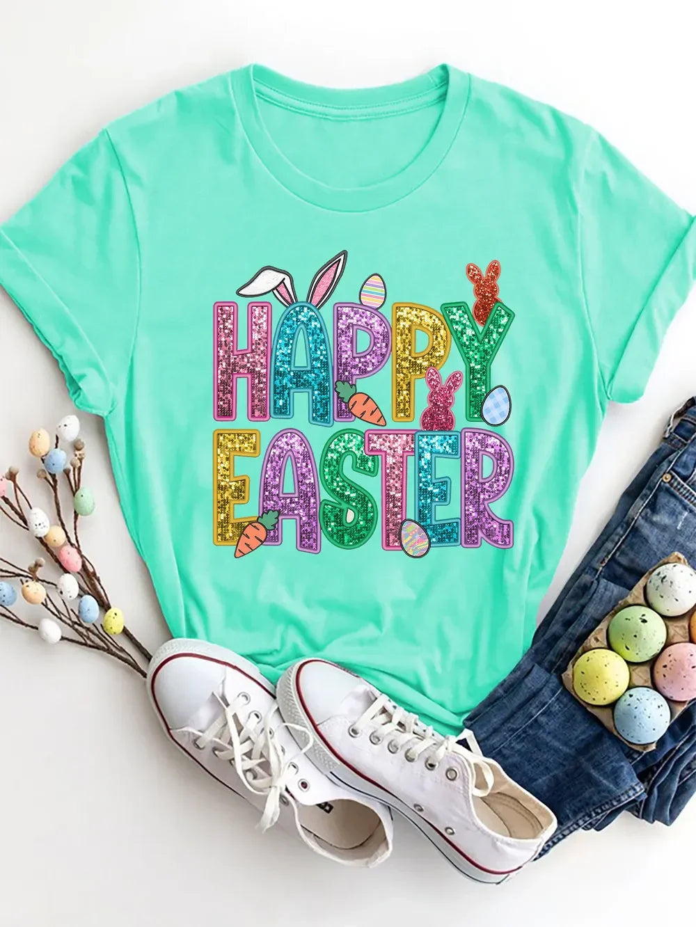 Happy Easter Round Neck Short Sleeve T Shirt - Southern Shores Clothing
