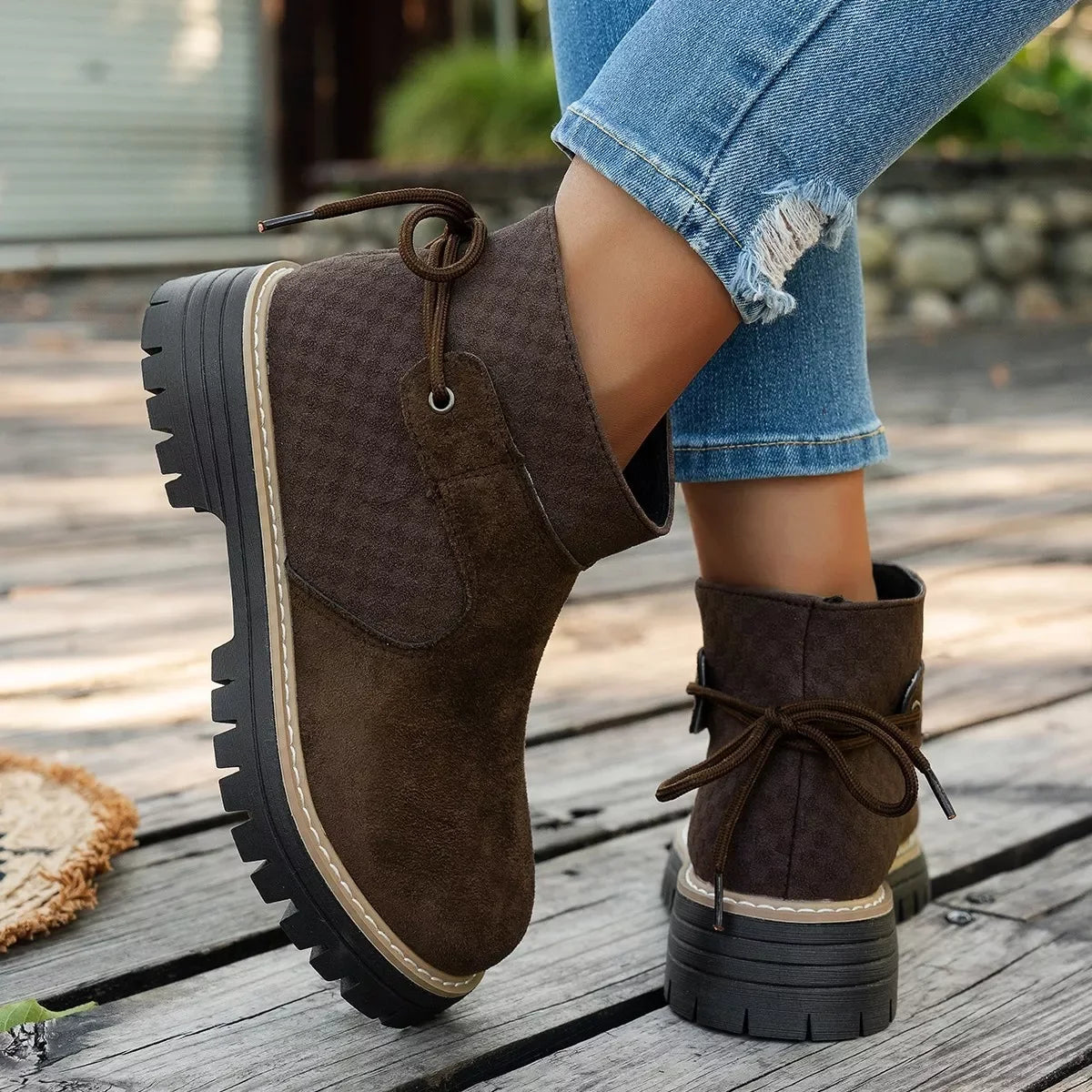 Round Toe Platform Boots Suede Rubber Mid Heel - Southern Shores Clothing