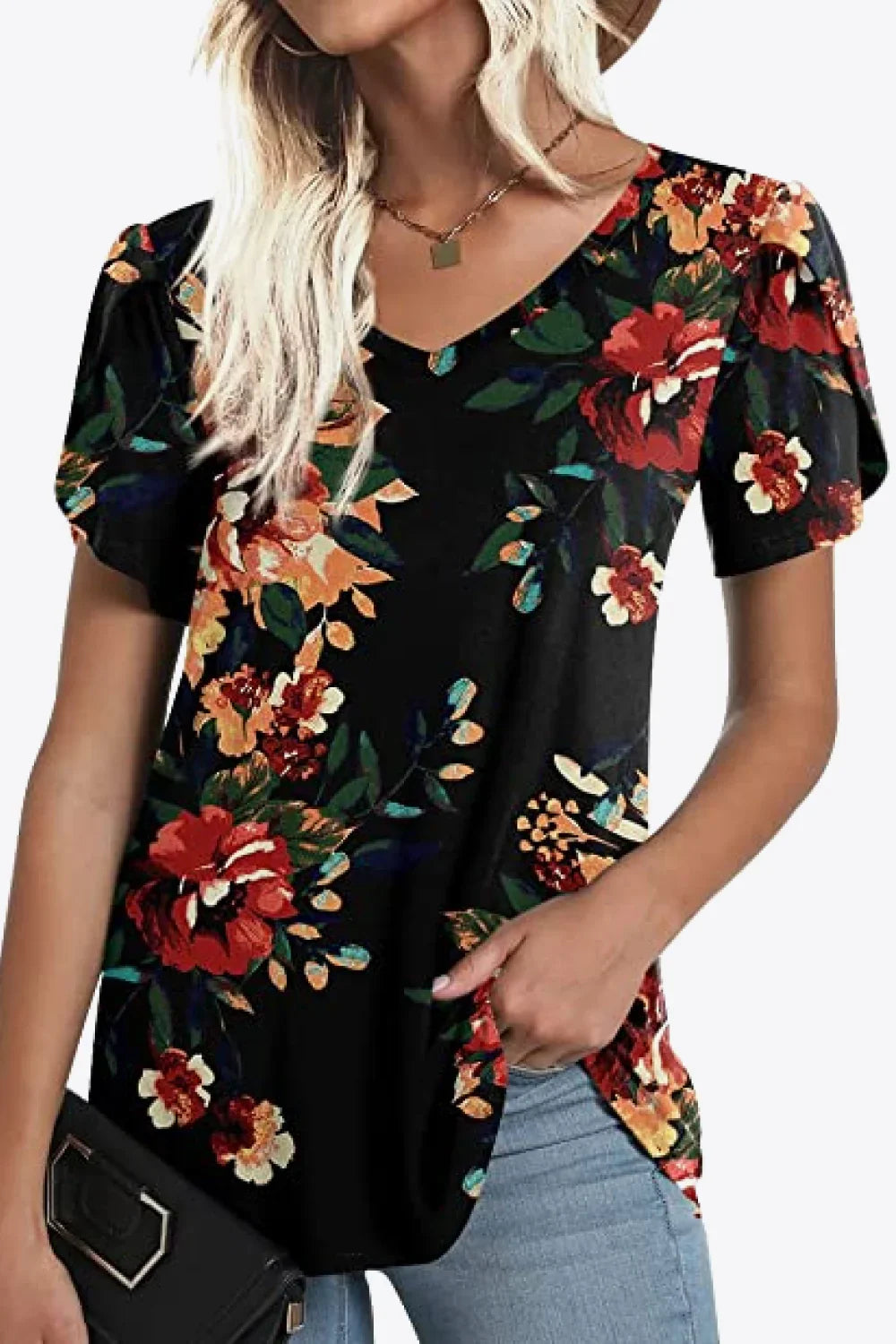 Casual Floral V Neck Blouse With Petal Sleeves - Southern Shores Clothing