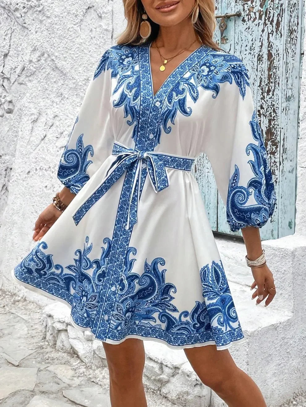 Paisley Print V Neck Mini Dress Tie Belt Three Quarter Sleeve - Southern Shores Clothing