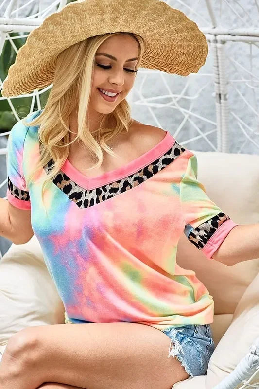 Tie-Dye Leopard Trim V-Neck T-Shirt Soft Cotton Blend - Southern Shores Clothing