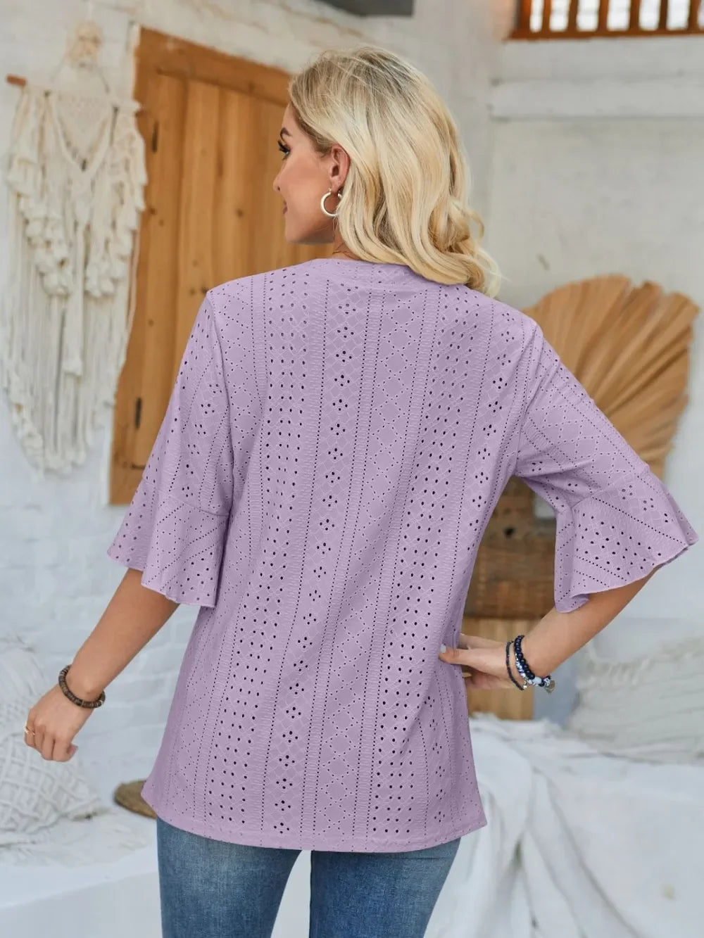 Eyelet Notched Half Sleeve T Shirt With Opaque Design - Southern Shores Clothing