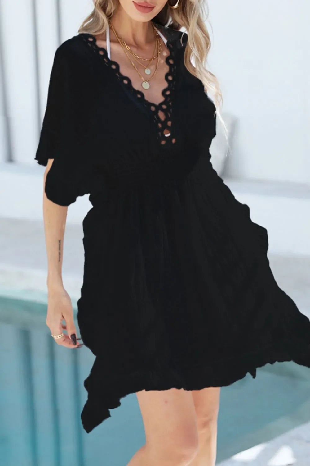 Ruffled Smocked V-Neck One Size Cover-Up - Southern Shores Clothing