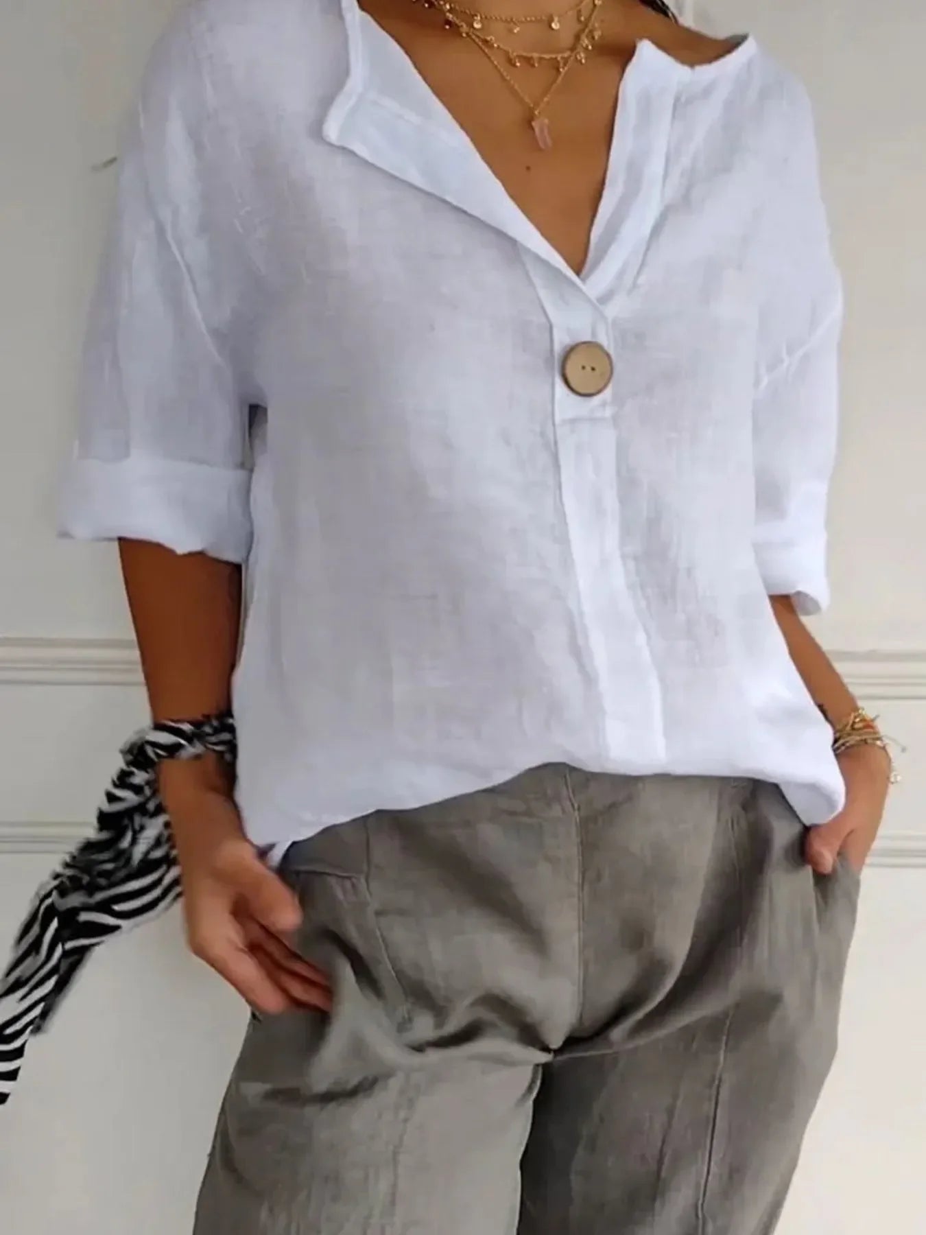 Plus Size Linen Blend Notched Blouse With Button Front - Southern Shores Clothing