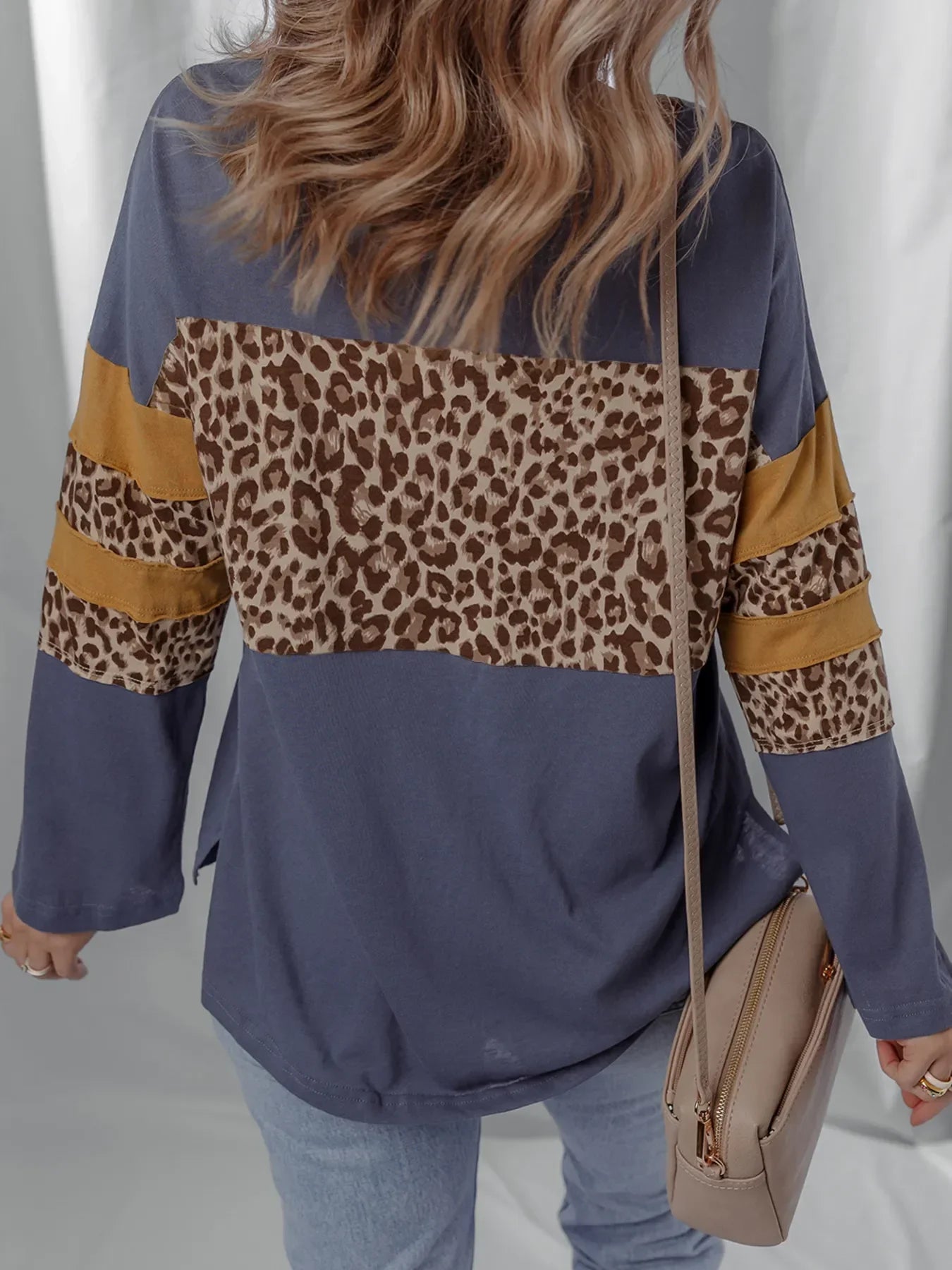 Leopard Color Block Cotton Long Sleeve Drop Shoulder Top - Southern Shores Clothing