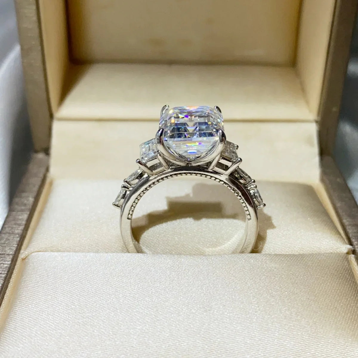 Emerald-Cut Moissanite Ring 5 Carat Platinum-Plated Finish Band - Southern Shores Clothing