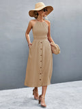 Buttoned Halter Neck Frill Trim Midi Dress - Southern Shores Clothing
