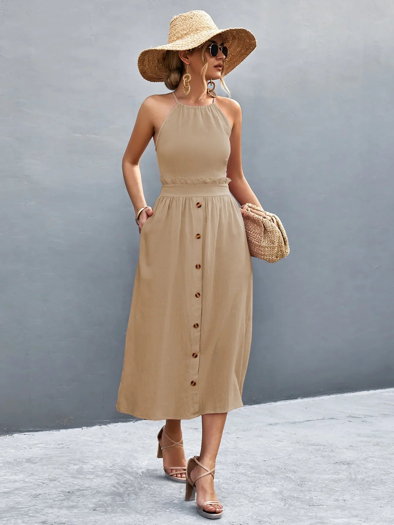 Buttoned Halter Neck Frill Trim Midi Dress - Southern Shores Clothing
