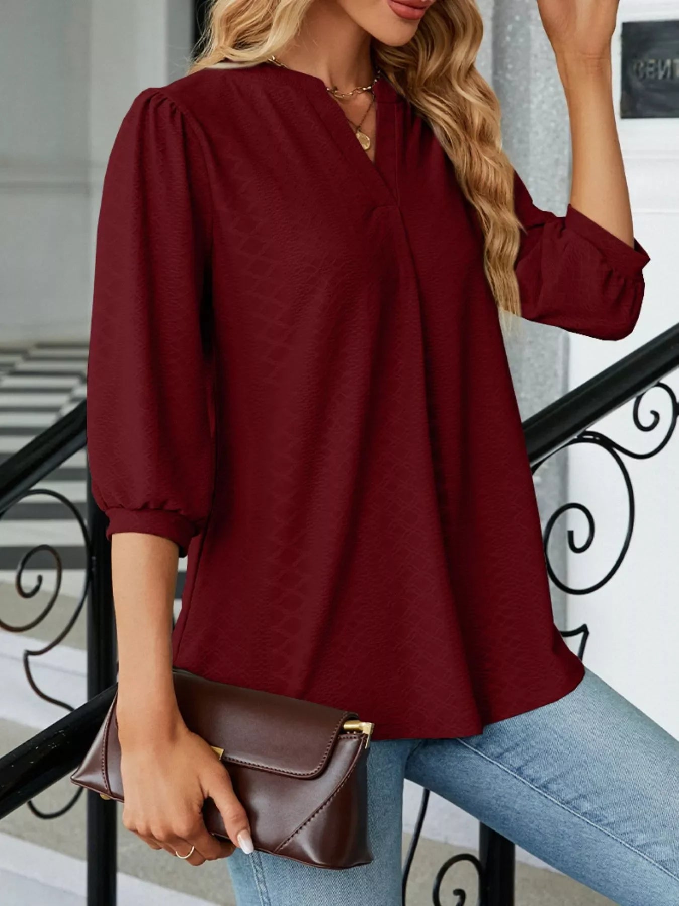 Notched 3/4 Sleeve Casual Top - Southern Shores Clothing