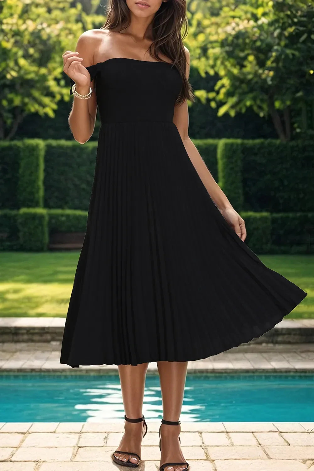 Chic Elegant Pleated Off-Shoulder Midi Dress - Southern Shores Clothing