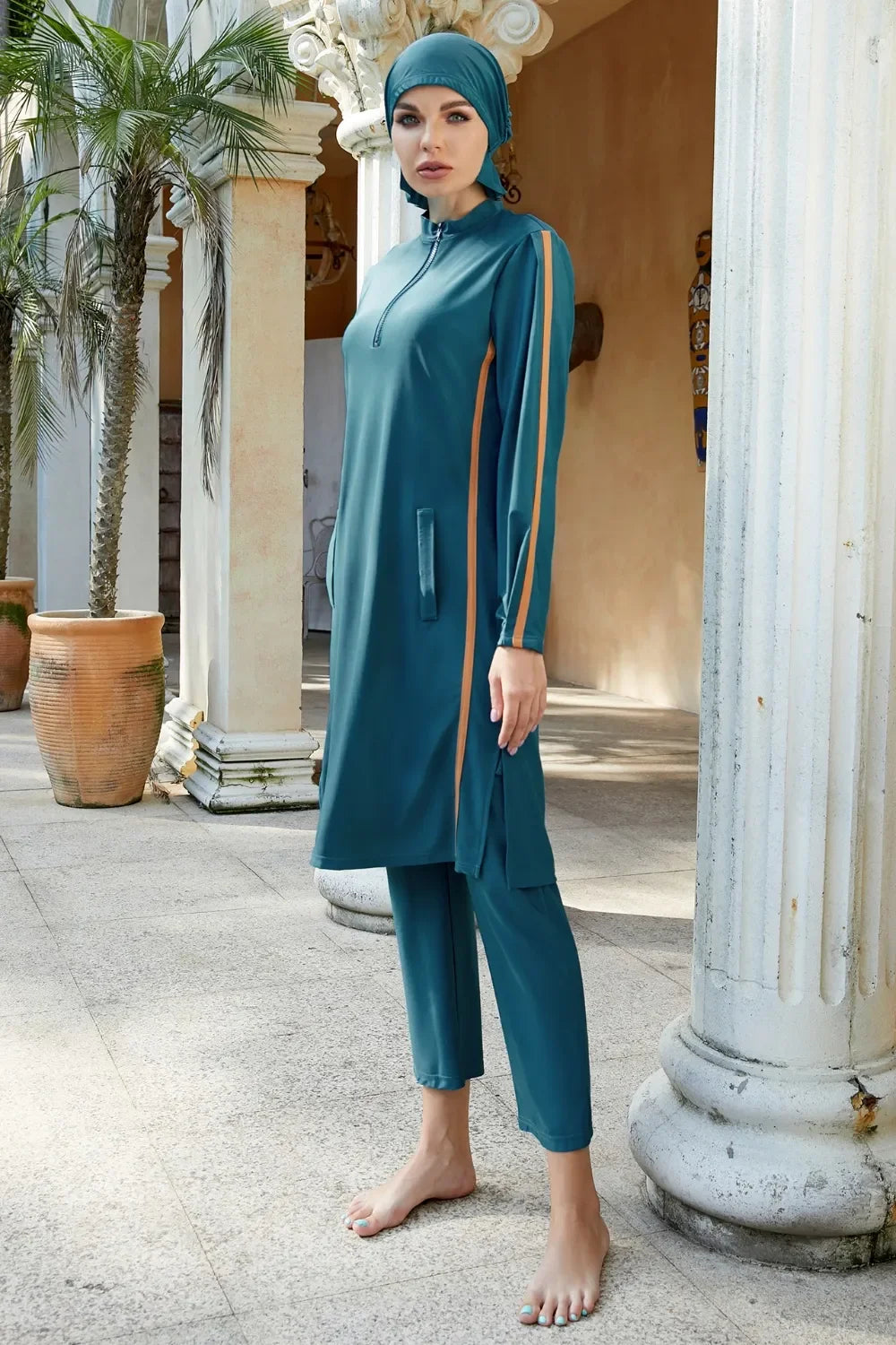 Three Piece Cap Quarter Zip Top And Pants Swim Set For Travel - Southern Shores Clothing